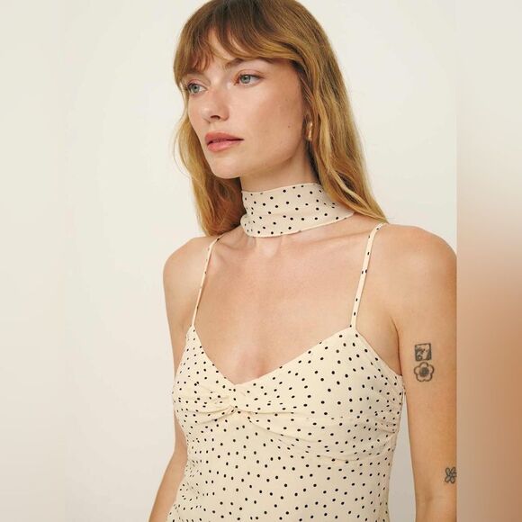 Reformation Iryna Mini Cream Dress Salt Pepper Polka Dots Size 10 - Picture 7 of 11